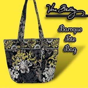 Vera Bradley Baroque Tote Purse Black White Yellow Gray 14x13 Super Nice!